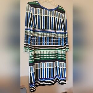 Eliza J Blue and Green Sheath Dress with Cuffed 3/4 Sleeves